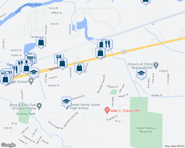 map of restaurants, bars, coffee shops, grocery stores, and more near 2405 Long Street in Sweet Home
