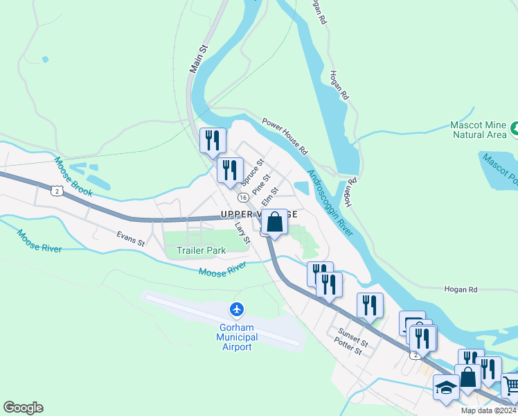 map of restaurants, bars, coffee shops, grocery stores, and more near 6 Elm Street in Gorham