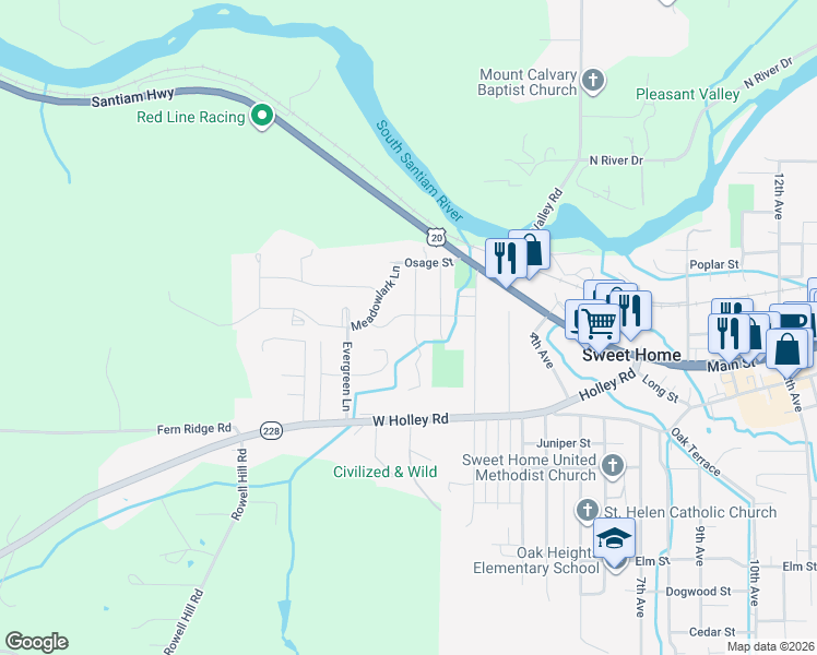 map of restaurants, bars, coffee shops, grocery stores, and more near 1360 Sunset Lane in Sweet Home