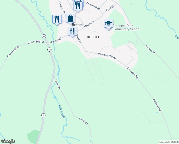 map of restaurants, bars, coffee shops, grocery stores, and more near 534 Fairway Road in Bethel