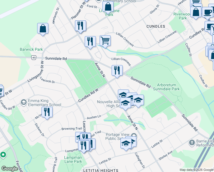 map of restaurants, bars, coffee shops, grocery stores, and more near 211 Cundles Road West in Barrie