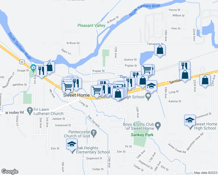map of restaurants, bars, coffee shops, grocery stores, and more near 1110 Nandina Street in Sweet Home