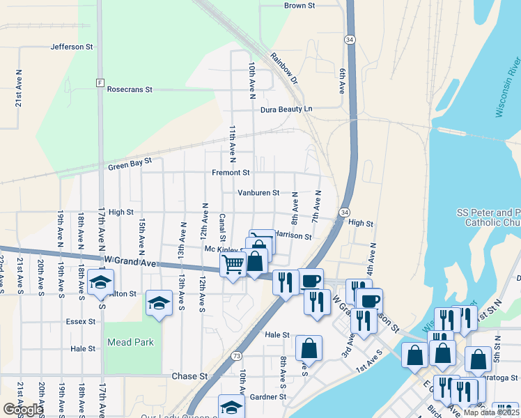 map of restaurants, bars, coffee shops, grocery stores, and more near 950 High Street in Wisconsin Rapids