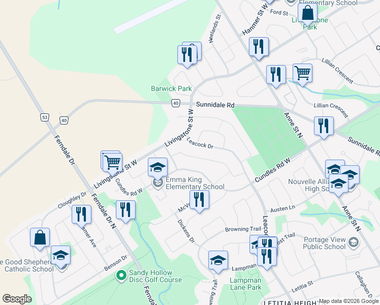 map of restaurants, bars, coffee shops, grocery stores, and more near 80 Ferguson Drive in Barrie