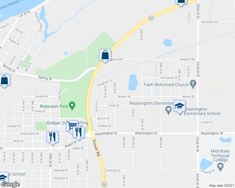 map of restaurants, bars, coffee shops, grocery stores, and more near 1310 23rd Street North in Wisconsin Rapids