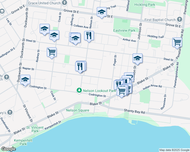 map of restaurants, bars, coffee shops, grocery stores, and more near in Barrie