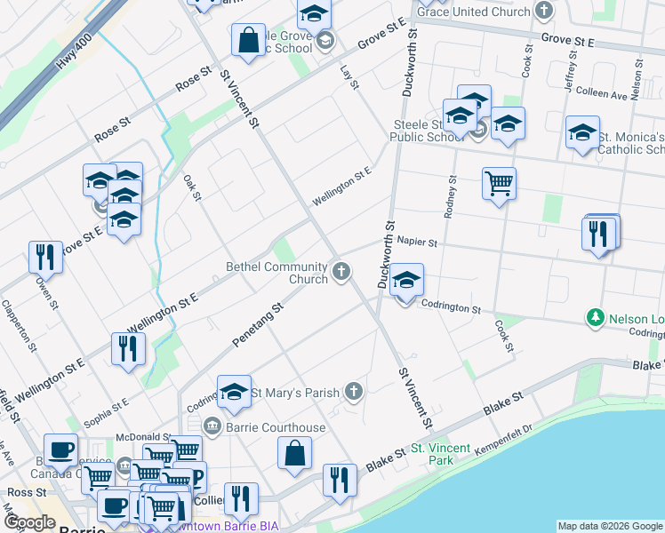 map of restaurants, bars, coffee shops, grocery stores, and more near 133 Penetang Street in Barrie