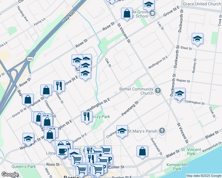 map of restaurants, bars, coffee shops, grocery stores, and more near 81 Gunn Street in Barrie