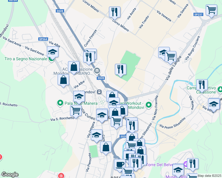 map of restaurants, bars, coffee shops, grocery stores, and more near 9a Via Torino in Mondovì