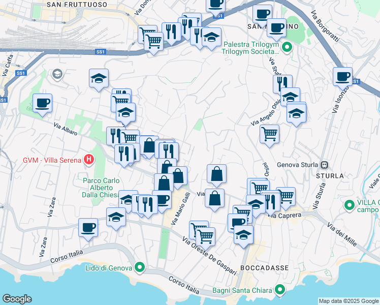 map of restaurants, bars, coffee shops, grocery stores, and more near 13 Viale Francesco Gambaro in Genova