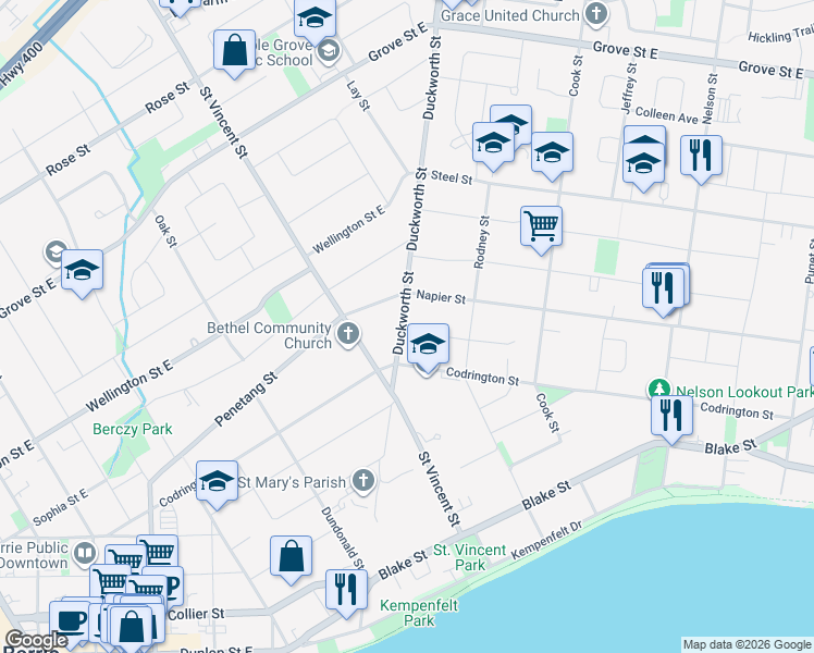 map of restaurants, bars, coffee shops, grocery stores, and more near in Barrie