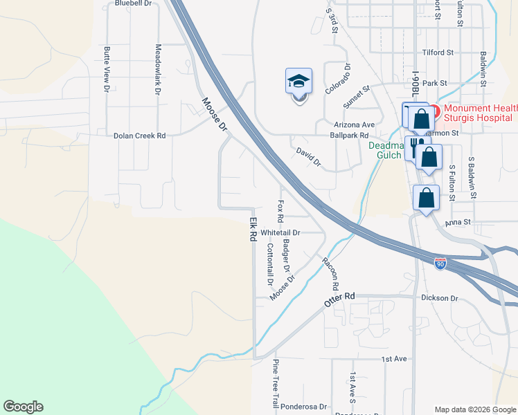map of restaurants, bars, coffee shops, grocery stores, and more near Elk Court in Sturgis
