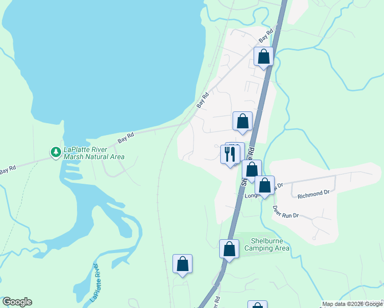 map of restaurants, bars, coffee shops, grocery stores, and more near 136 Point View Drive in Shelburne