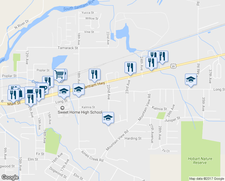 map of restaurants, bars, coffee shops, grocery stores, and more near 2224 Long Street in Sweet Home