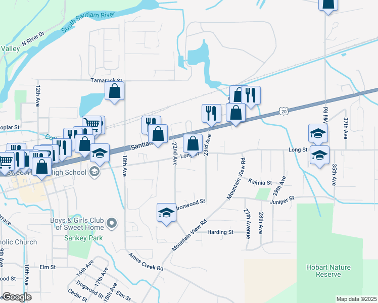 map of restaurants, bars, coffee shops, grocery stores, and more near 2224 Long Street in Sweet Home