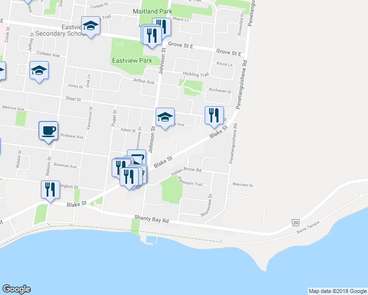 map of restaurants, bars, coffee shops, grocery stores, and more near 393 Blake Street in Barrie