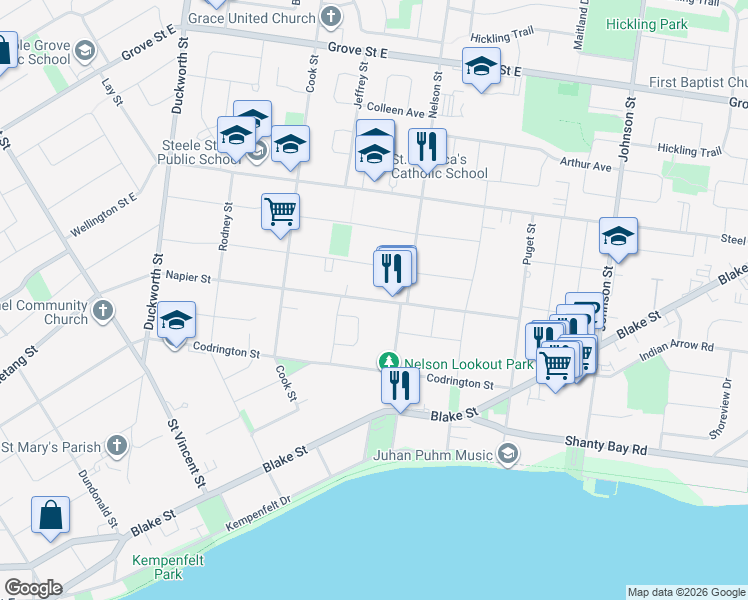 map of restaurants, bars, coffee shops, grocery stores, and more near Napier Street in Barrie