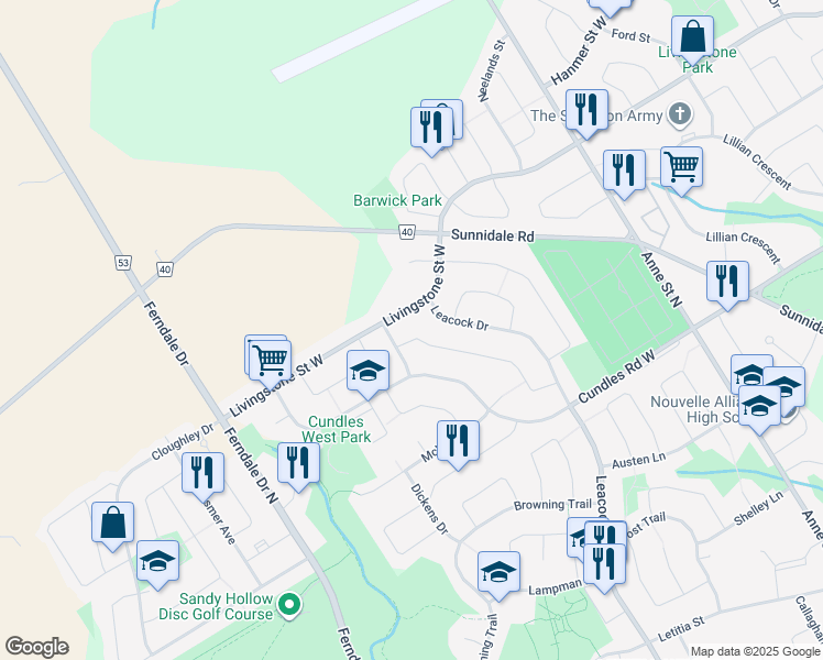map of restaurants, bars, coffee shops, grocery stores, and more near 98 Ferguson Drive in Barrie