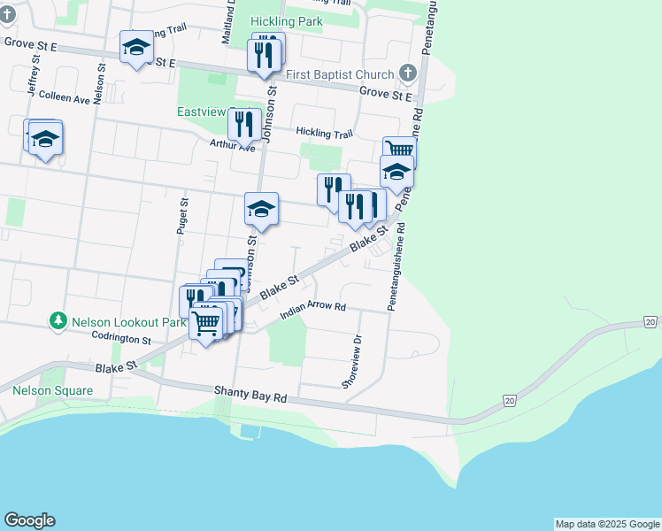 map of restaurants, bars, coffee shops, grocery stores, and more near 393 Blake Street in Barrie
