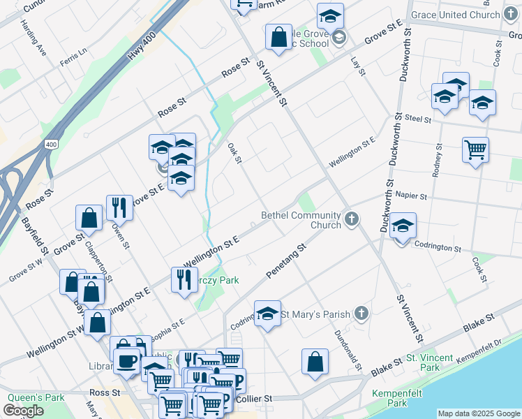 map of restaurants, bars, coffee shops, grocery stores, and more near 4 Oak Street in Barrie
