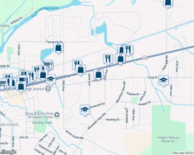 map of restaurants, bars, coffee shops, grocery stores, and more near 2224 Long Street in Sweet Home