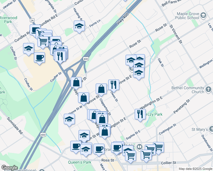 map of restaurants, bars, coffee shops, grocery stores, and more near in Barrie