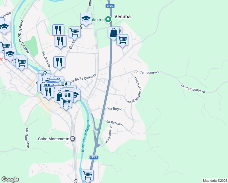 map of restaurants, bars, coffee shops, grocery stores, and more near 3 Via Madonna del Bosco in Cairo Montenotte