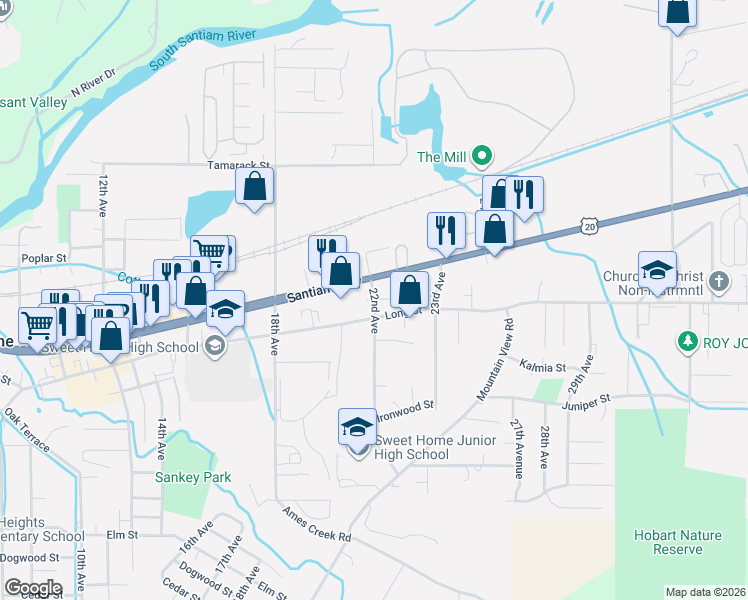 map of restaurants, bars, coffee shops, grocery stores, and more near 2034 Long Street in Sweet Home