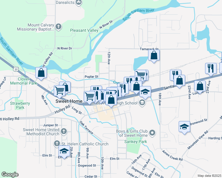 map of restaurants, bars, coffee shops, grocery stores, and more near 1234 Nandina Street in Sweet Home