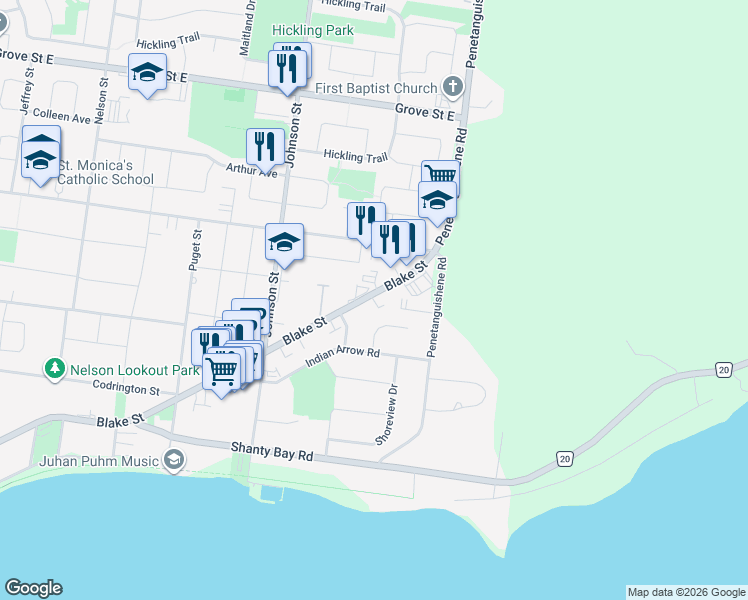 map of restaurants, bars, coffee shops, grocery stores, and more near 413 Blake Street in Barrie