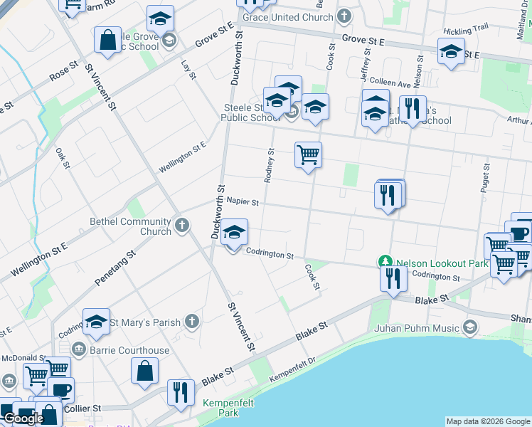 map of restaurants, bars, coffee shops, grocery stores, and more near in Barrie