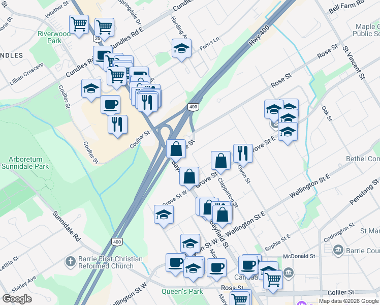 map of restaurants, bars, coffee shops, grocery stores, and more near in Barrie