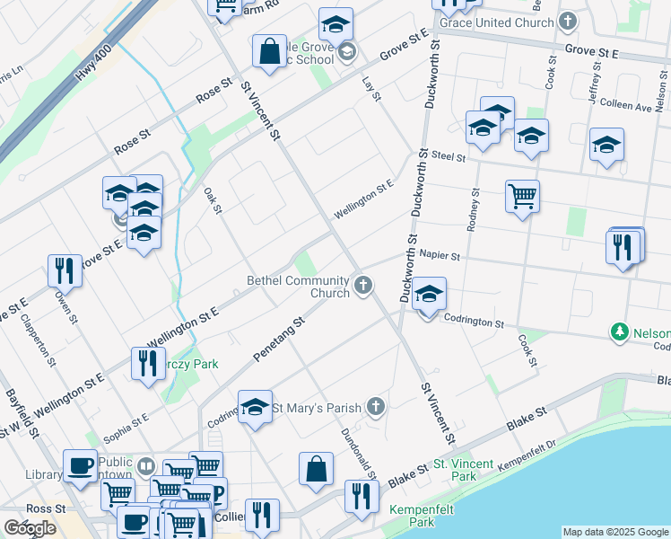 map of restaurants, bars, coffee shops, grocery stores, and more near 128 Penetang Street in Barrie