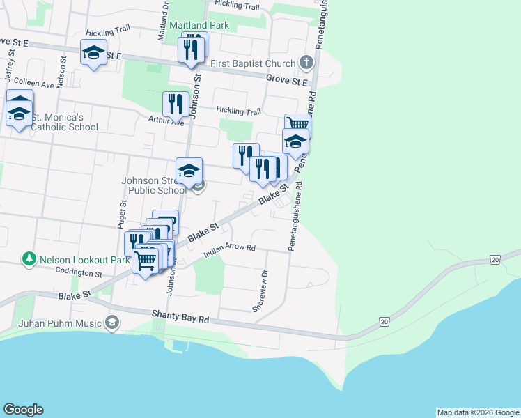 map of restaurants, bars, coffee shops, grocery stores, and more near 415 Blake Street in Barrie