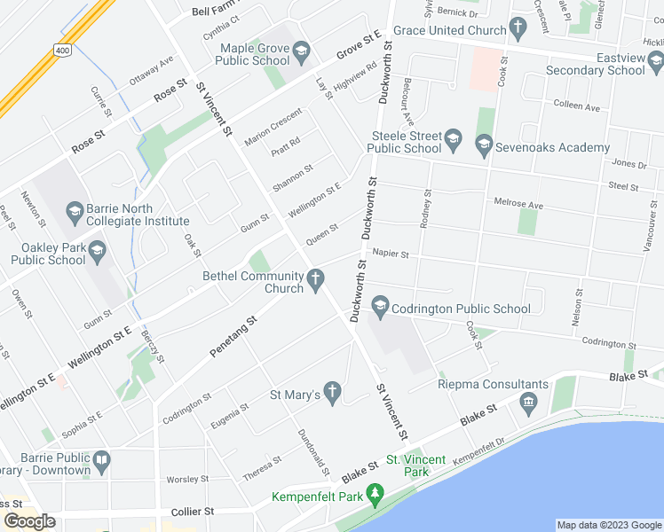 map of restaurants, bars, coffee shops, grocery stores, and more near 145 Penetang Street in Barrie