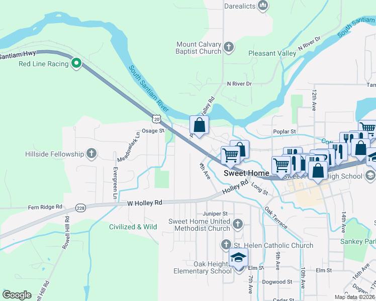 map of restaurants, bars, coffee shops, grocery stores, and more near 1360 2nd Avenue in Sweet Home