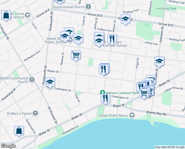 map of restaurants, bars, coffee shops, grocery stores, and more near 128 Napier Street in Barrie