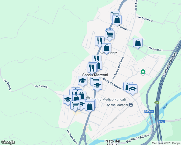 map of restaurants, bars, coffee shops, grocery stores, and more near 250 Via Porrettana in Sasso Marconi