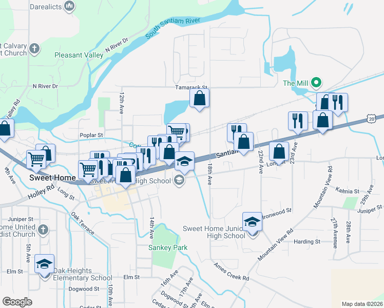map of restaurants, bars, coffee shops, grocery stores, and more near 1744 Main Street in Sweet Home