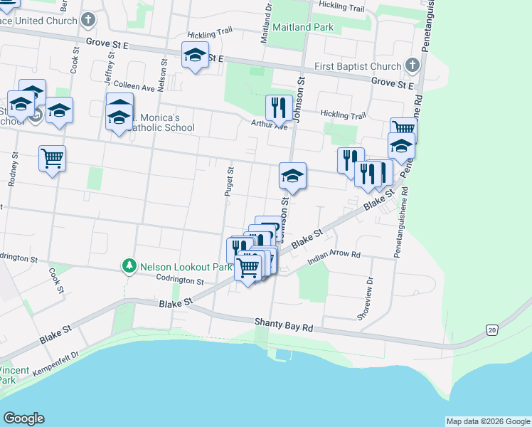 map of restaurants, bars, coffee shops, grocery stores, and more near in Barrie