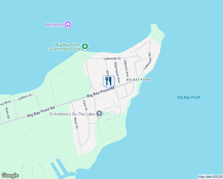 map of restaurants, bars, coffee shops, grocery stores, and more near 61 Big Bay Point Road in Innisfil