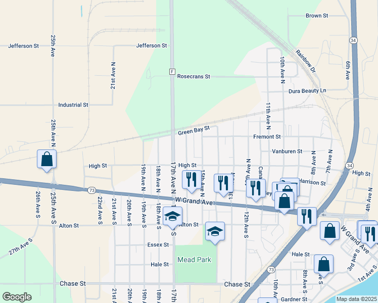 map of restaurants, bars, coffee shops, grocery stores, and more near 340 16th Avenue North in Wisconsin Rapids