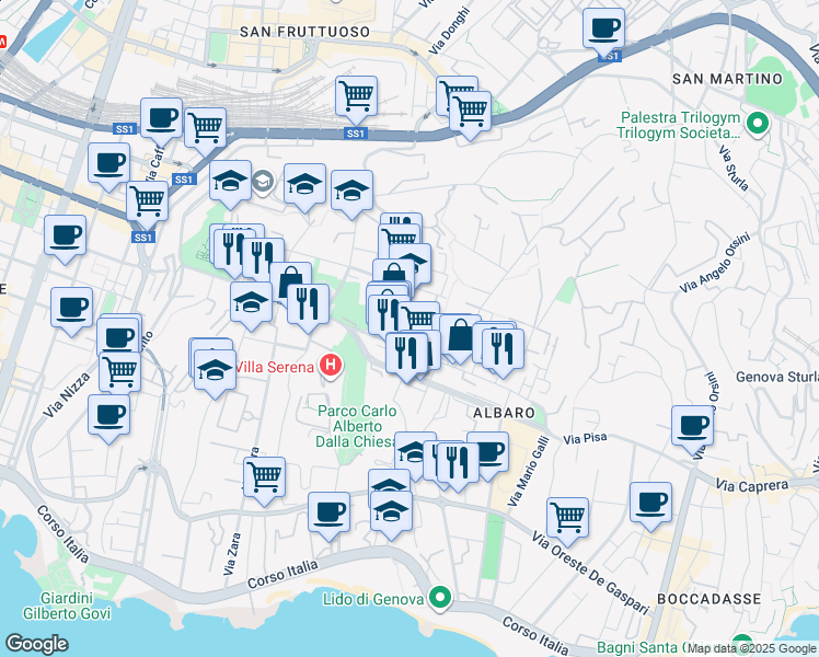 map of restaurants, bars, coffee shops, grocery stores, and more near 12 Via Bocchella in Genova