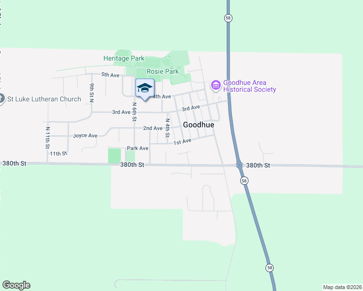 map of restaurants, bars, coffee shops, grocery stores, and more near 201 South 3rd Street in Goodhue