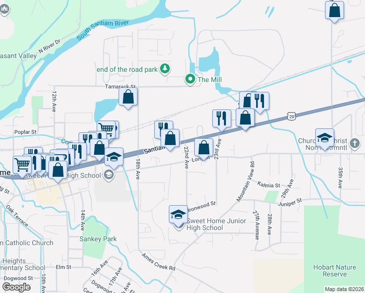 map of restaurants, bars, coffee shops, grocery stores, and more near 2123 Main Street in Sweet Home