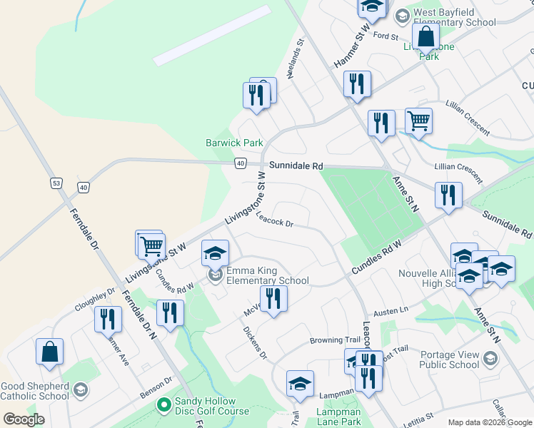 map of restaurants, bars, coffee shops, grocery stores, and more near 80 Geddes Crescent in Barrie