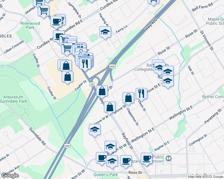 map of restaurants, bars, coffee shops, grocery stores, and more near 1-15 Rose Street in Barrie