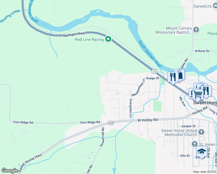 map of restaurants, bars, coffee shops, grocery stores, and more near 1462 Strawberry Ridge in Sweet Home
