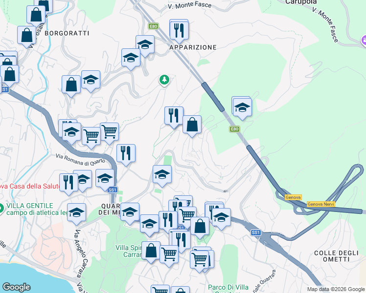 map of restaurants, bars, coffee shops, grocery stores, and more near Via Ciclamini in Genoa