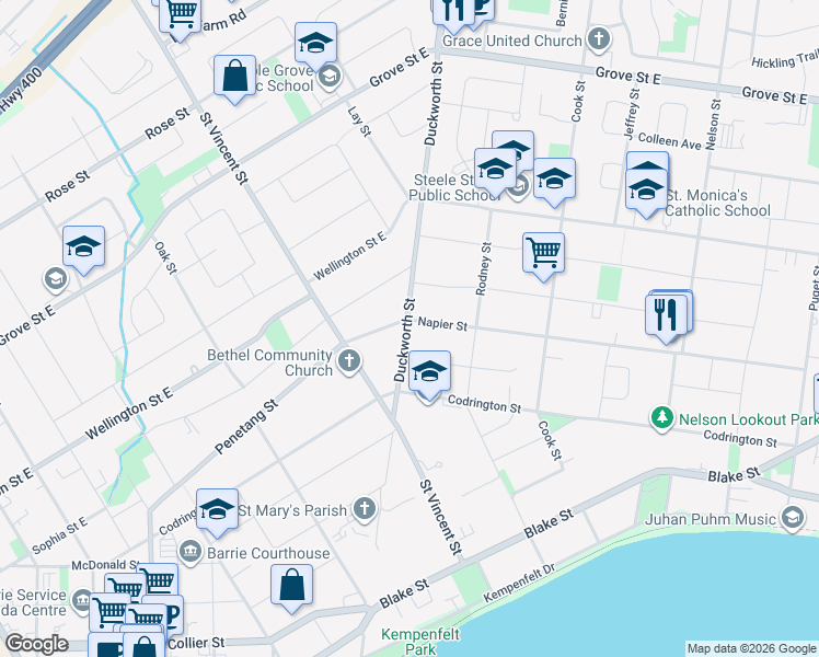 map of restaurants, bars, coffee shops, grocery stores, and more near 1 Napier Street in Barrie